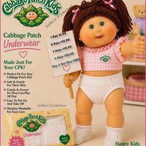 May include: A Cabbage Patch Kids doll wearing a pink gingham top and white underwear, holding a sign. The sign lists underwear pricing. A box of white underwear is also visible. The text on the box says "Underwear" and "Soft & Comfy!"