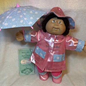 Rare HTF Vintage Cabbage Patch Kids Doll in NEW Pink Raincoat and Cloud Umbrella Set, 1980s  Adopt Me Rain Gear Vinyl Slicker, Collectible