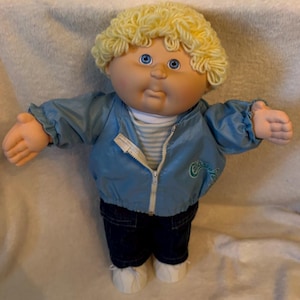 Vintage 1980s Pouty Face Cabbage Patch Kid Poseable • Lemon Loops Hair Blue Eyes • CPK in Original Blue Windbreaker & Jeans Outfit