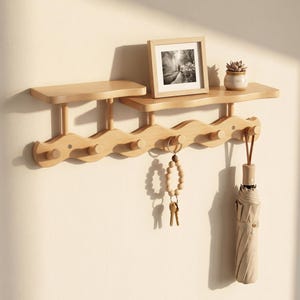 May include: A light-coloured wooden wall shelf with a wavy design, featuring a small framed picture, a potted succulent, and several coat hooks. An umbrella and a keychain hang from the hooks. The shelf is mounted on a light-coloured wall.