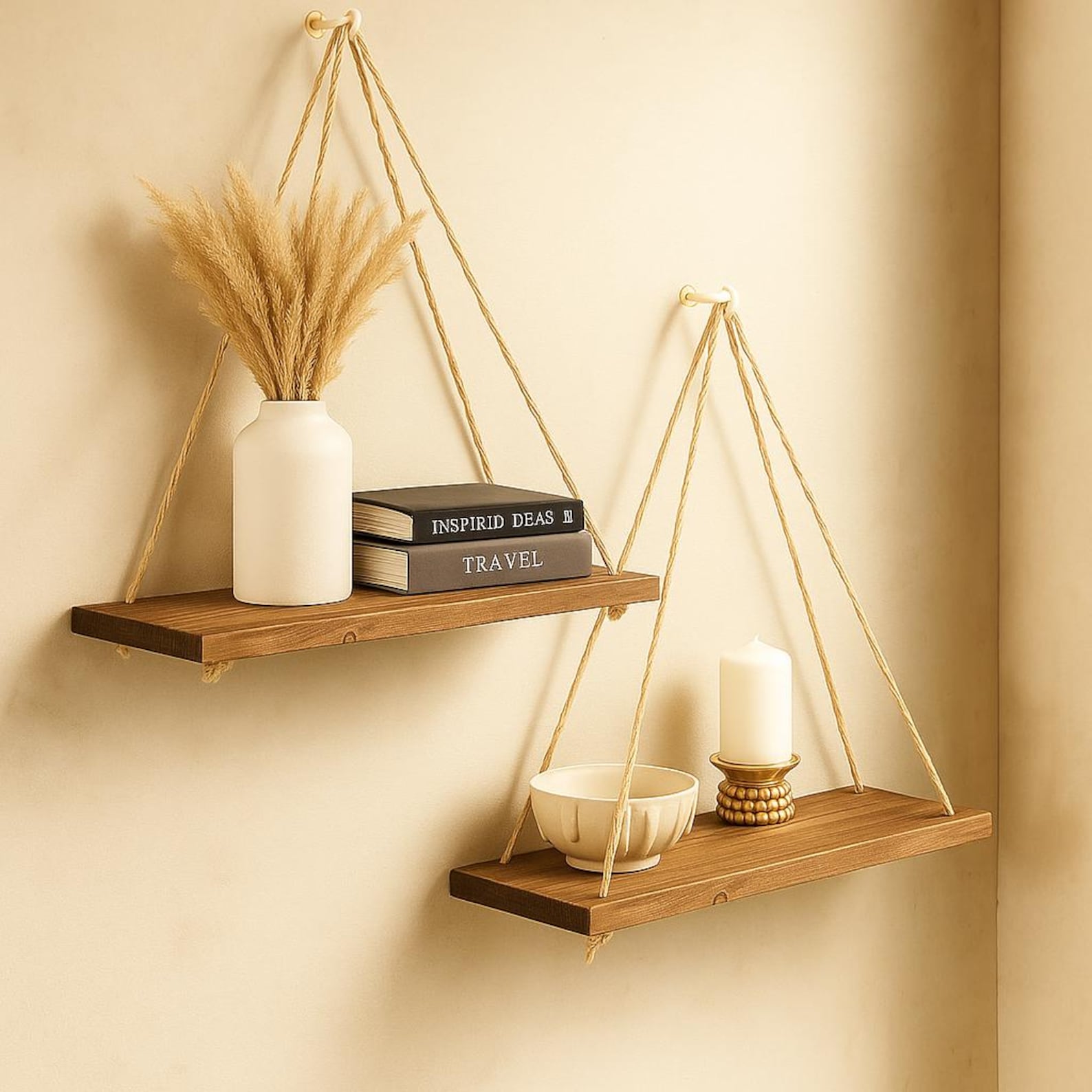 Wooden Hanging Rope Shelf | Boho Rustic Home Decor - Brown