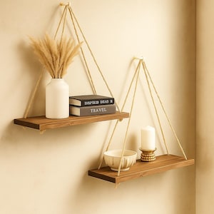 Op de afbeelding: Twee hangende houten planken met natuurlijke touwsteunen. De bovenste plank bevat een witte vaas met gedroogde bloemen en twee boeken. De onderste plank toont een kaars, een kom en een gouden kandelaar. De planken zijn aan een beige muur bevestigd.