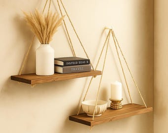 Houten plank met hangend touw | Rustiek boho-huisdecoratie