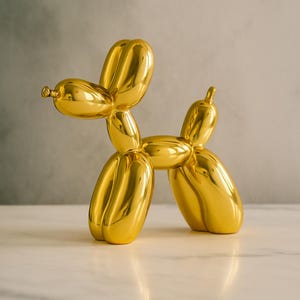 Op de afbeelding: Een gouden ballonhondsculptuur met een glanzende afwerking. De hond staat, zijn lichaam gevormd door verbonden ballonvormen. De sculptuur staat op een wit oppervlak tegen een neutrale achtergrond.