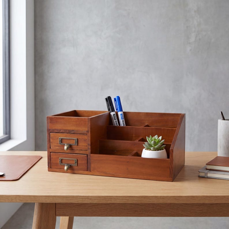May include: A wooden desk organizer with multiple compartments and two small drawers. The organizer is stained a warm brown color and features brass-toned drawer pulls. Two markers and a small potted succulent are visible.