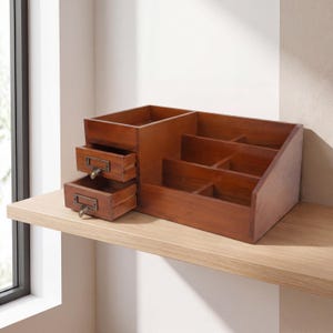 May include: A wooden desk organizer with a warm brown finish. It features two small drawers with metal pulls and multiple compartments of varying sizes. The organizer is designed to hold office supplies.
