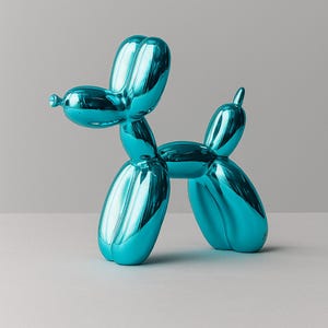 Op de afbeelding: Een glanzende, turquoise ballonhond sculptuur. De hond staat in een staande positie, gevormd uit opgeblazen ballonvormen. Het beeld heeft een reflecterende, metallic afwerking en is een decoratief item.