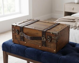 Vintage Inspired Wooden Treasure Box | Decorative Rustic Jewelry Bin | Wood Trunk Organizer Kit