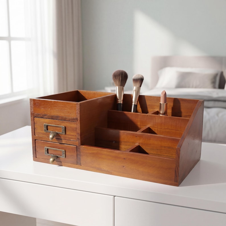 May include: A wooden makeup organizer with two small drawers and multiple compartments. The organizer holds makeup brushes and a lipstick. The wood has a warm, brown tone, and the drawers have brass-colored pulls.