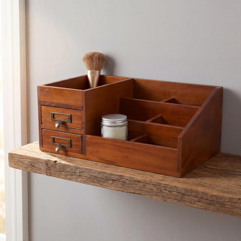May include: A wooden organizer with multiple compartments and drawers. It features a section for a makeup brush, two small drawers with metal pulls, and several open compartments. A jar with a silver lid sits inside.