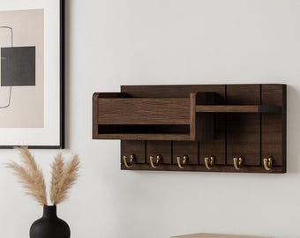 Rustic Wood Key Holder & Mail Organizer | Wall Mounted Key Rack with Shelf | Entryway Decor
