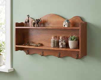 Solid Wood Wall Shelf Organizer with Hooks | Entryway Key Holder Storage Decor