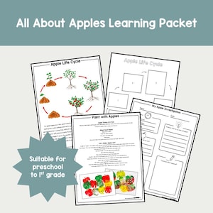 May include: A learning packet titled "All About Apples" with several worksheets. The worksheets include an apple life cycle diagram, a paint with apples activity, and an apple investigation sheet. The packet is suitable for preschool to 1st grade.