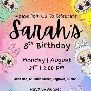 K&ouml;nnte beinhalten: Geburtstagseinladung mit Cartoon-Monster-Charakteren auf farbenfrohem Hintergrund. Die Einladung lautet "Please Join Us To Celebrate Sarah's 8th Birthday" und enth&auml;lt Datum, Uhrzeit und RSVP-Informationen.