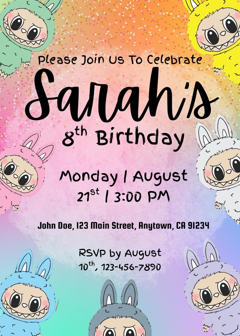 K&ouml;nnte beinhalten: Geburtstagseinladung mit Cartoon-Monster-Charakteren auf farbenfrohem Hintergrund. Die Einladung lautet "Please Join Us To Celebrate Sarah's 8th Birthday" und enth&auml;lt Datum, Uhrzeit und RSVP-Informationen.