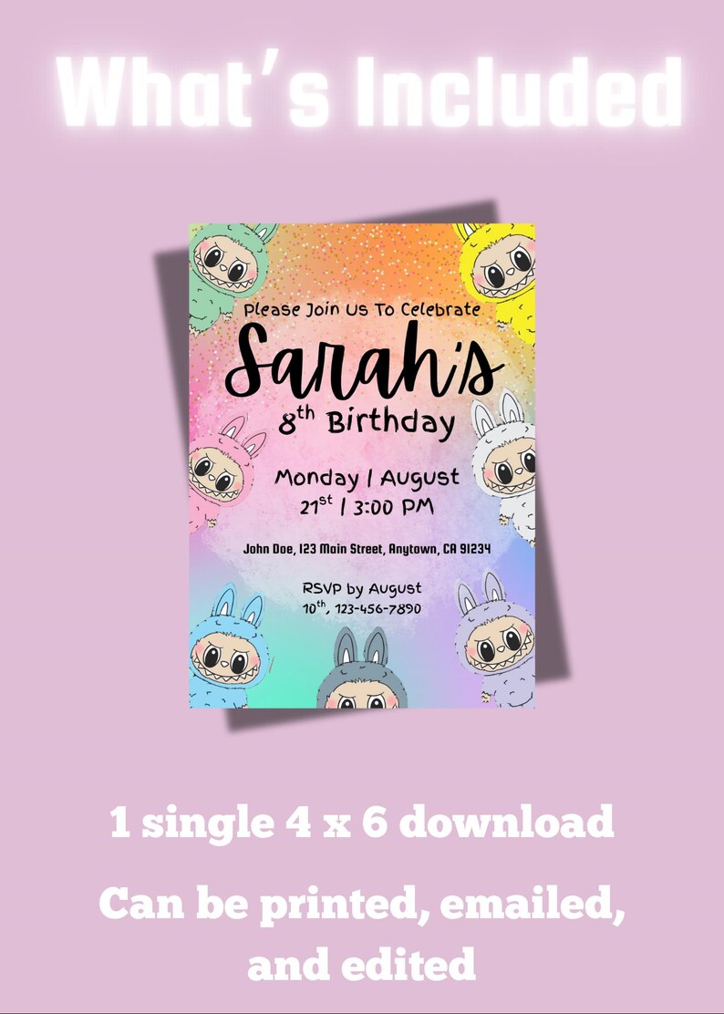 K&ouml;nnte beinhalten: Eine Geburtstagseinladung mit dem Text "Sarah's 8th Birthday" und Veranstaltungsdetails. Die Einladung zeigt Zeichentrickfiguren in bunten Kost&uuml;men. Die Einladung ist ein digitaler Download im Format 10,16 x 15,24 cm.