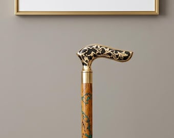 Luxury Wooden Cane with Engraved Brass Handle, Detachable Walking Stick, Gentleman Accessory