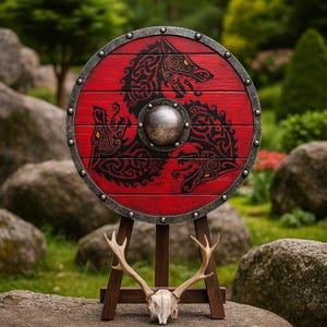 May include: A circular, red wooden shield featuring a black dragon design and a metal rim. The shield is displayed on a wooden stand with deer antlers and a skull. The background is a blurred outdoor scene.