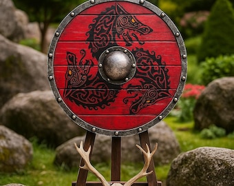 Handcrafted Red Viking Shield: Triple Black Dragon, Steel Rim & Boss