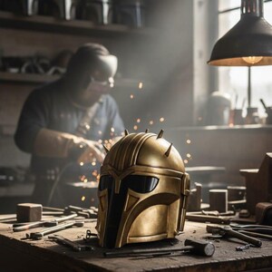 May include: A gold-colored helmet with a distinctive design, featuring a visor and spiked accents, sits on a wooden workbench. The workshop setting includes tools and a person welding in the background, suggesting craftsmanship and metalworking.