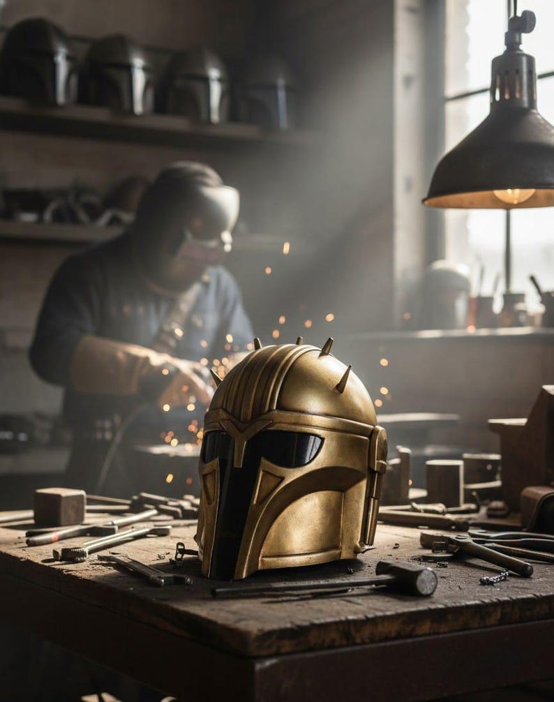 May include: A gold-colored helmet with a distinctive design, featuring a visor and spiked accents, sits on a wooden workbench. The workshop setting includes tools and a person welding in the background, suggesting craftsmanship and metalworking.