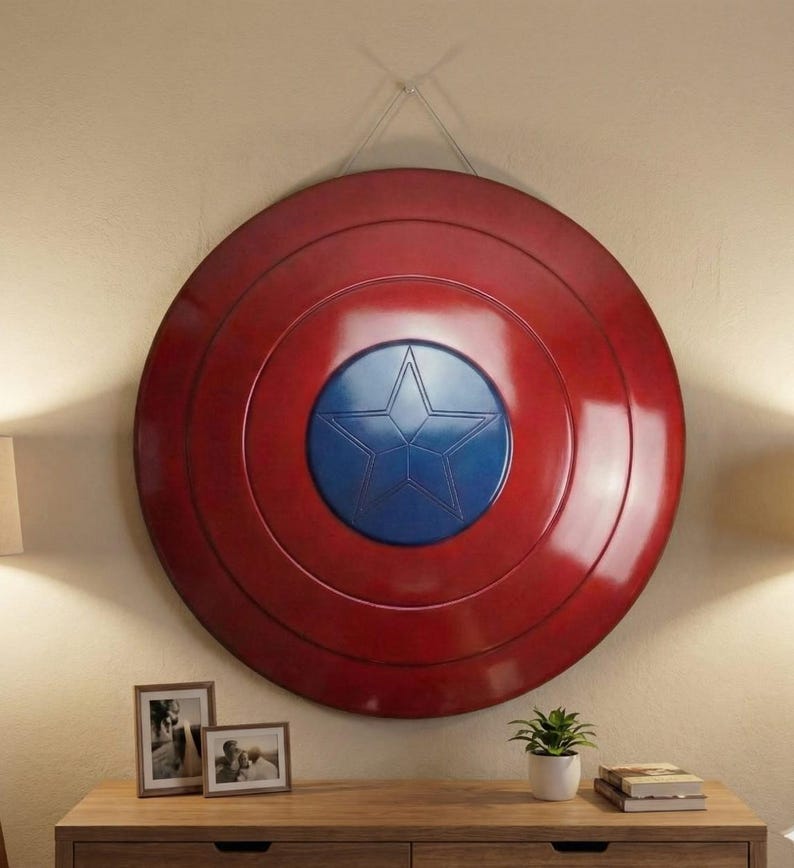 K&ouml;nnte beinhalten: Ein gro&szlig;er, runder Schild in Rot mit einer blauen Mittelscheibe und einem wei&szlig;en Stern. Der Schild h&auml;ngt an einer Wand und ist ein dekoratives Objekt. Es ist eine Nachbildung von Captain Americas Schild.