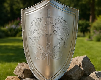 Handmade Etched Dragon Templar Shield: 18 Gauge Steel Medieval Shield