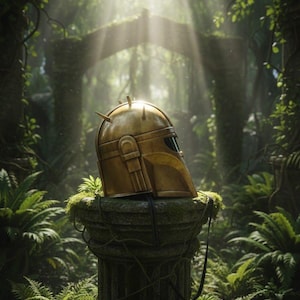 May include: A gold-colored helmet with a dark visor rests on a moss-covered stone column in a lush, green forest. The helmet has a distinctive design with several small spikes. Sunlight streams through the trees, illuminating the scene.