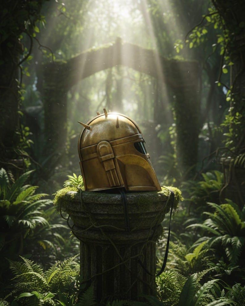 May include: A gold-colored helmet with a dark visor rests on a moss-covered stone column in a lush, green forest. The helmet has a distinctive design with several small spikes. Sunlight streams through the trees, illuminating the scene.