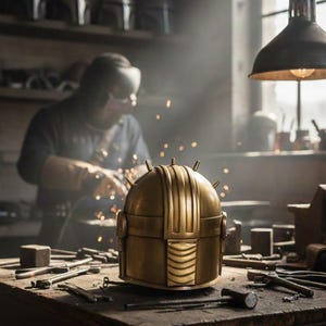 May include: A gold-colored helmet with a rounded top and vertical ridges, featuring small spikes. The helmet sits on a wooden workbench surrounded by tools. A person is welding in the background, creating sparks.