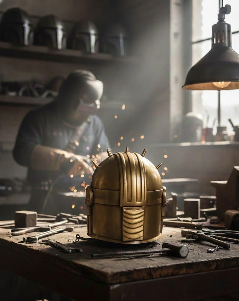 May include: A gold-colored helmet with a rounded top and vertical ridges, featuring small spikes. The helmet sits on a wooden workbench surrounded by tools. A person is welding in the background, creating sparks.