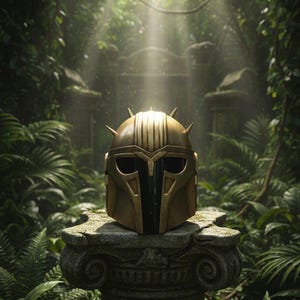 May include: A gold-colored helmet with a distinctive visor and spiked details, resting on a weathered stone pedestal. The helmet is the focal point, set against a lush, green, jungle backdrop with sunlight filtering through the foliage. The helmet's design suggests a futuristic or fantasy theme.