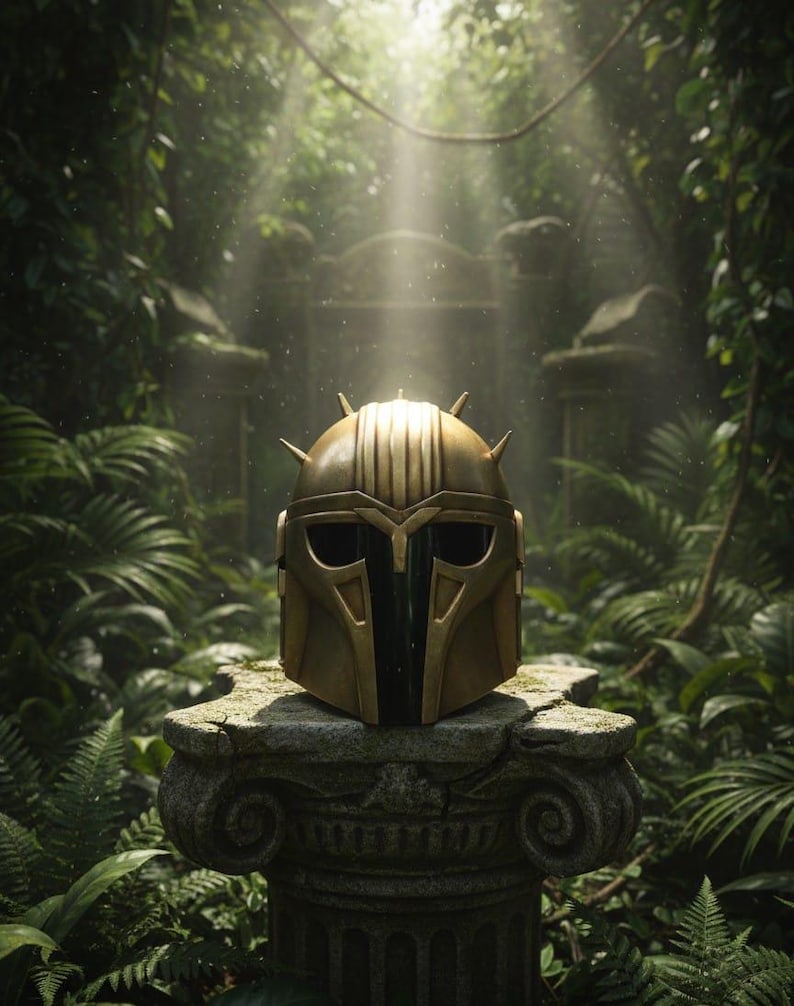 May include: A gold-colored helmet with a distinctive visor and spiked details, resting on a weathered stone pedestal. The helmet is the focal point, set against a lush, green, jungle backdrop with sunlight filtering through the foliage. The helmet's design suggests a futuristic or fantasy theme.