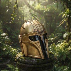 May include: A gold-colored helmet with a dark visor, resting on a moss-covered stone pedestal. The helmet has a series of vertical ridges and several pointed spikes on top. The background is a lush, green jungle setting with ferns and vines.