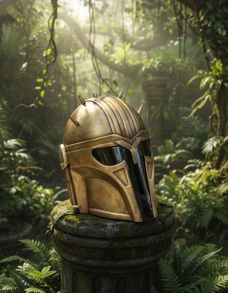 May include: A gold-colored helmet with a dark visor, resting on a moss-covered stone pedestal. The helmet has a series of vertical ridges and several pointed spikes on top. The background is a lush, green jungle setting with ferns and vines.