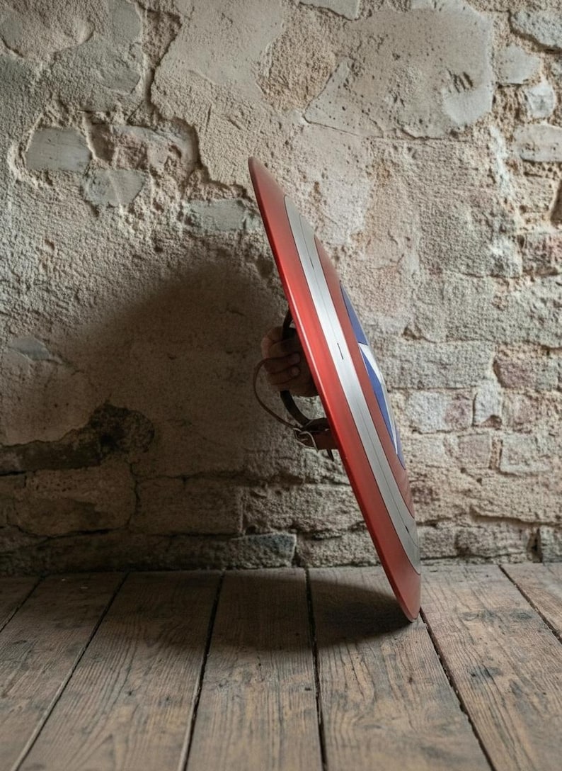 May include: A red, white, and blue shield with a star emblem and silver stripes. The shield is held by a hand, showcasing its design and color scheme. The shield is a prop or collectible.