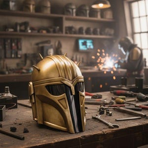 May include: A gold-colored helmet with black accents, featuring a distinctive visor and pointed details. The helmet sits on a wooden workbench scattered with tools. Other helmets are visible on shelves in the background, suggesting a workshop setting.