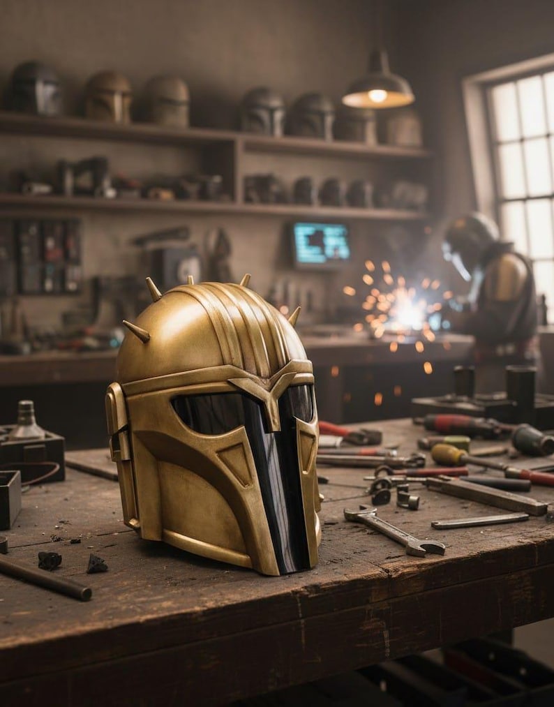 May include: A gold-colored helmet with black accents, featuring a distinctive visor and pointed details. The helmet sits on a wooden workbench scattered with tools. Other helmets are visible on shelves in the background, suggesting a workshop setting.