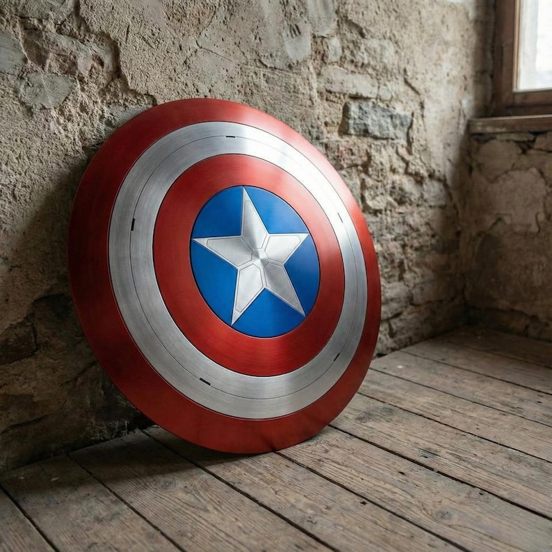 May include: A red, white, and blue shield with a central white star on a blue circle. The shield is leaning against a stone wall on a wooden floor. The shield has a metallic silver ring around the blue circle.