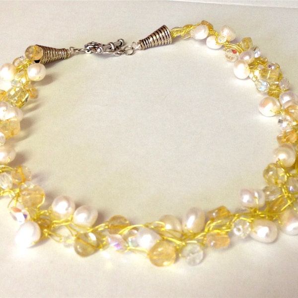 Chunky Yellow Citrine Pearl Statement Necklace Wire Crochet - Sunshine Delight