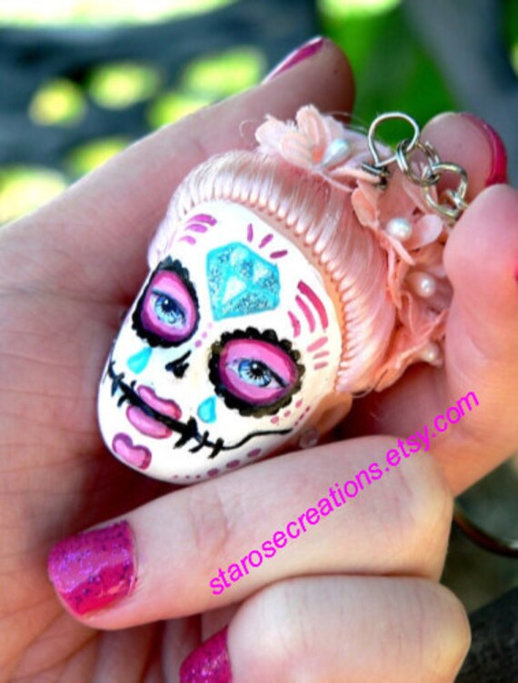 Sugar Skull Day of the Dead Doll Head Keychain Custom Etsy