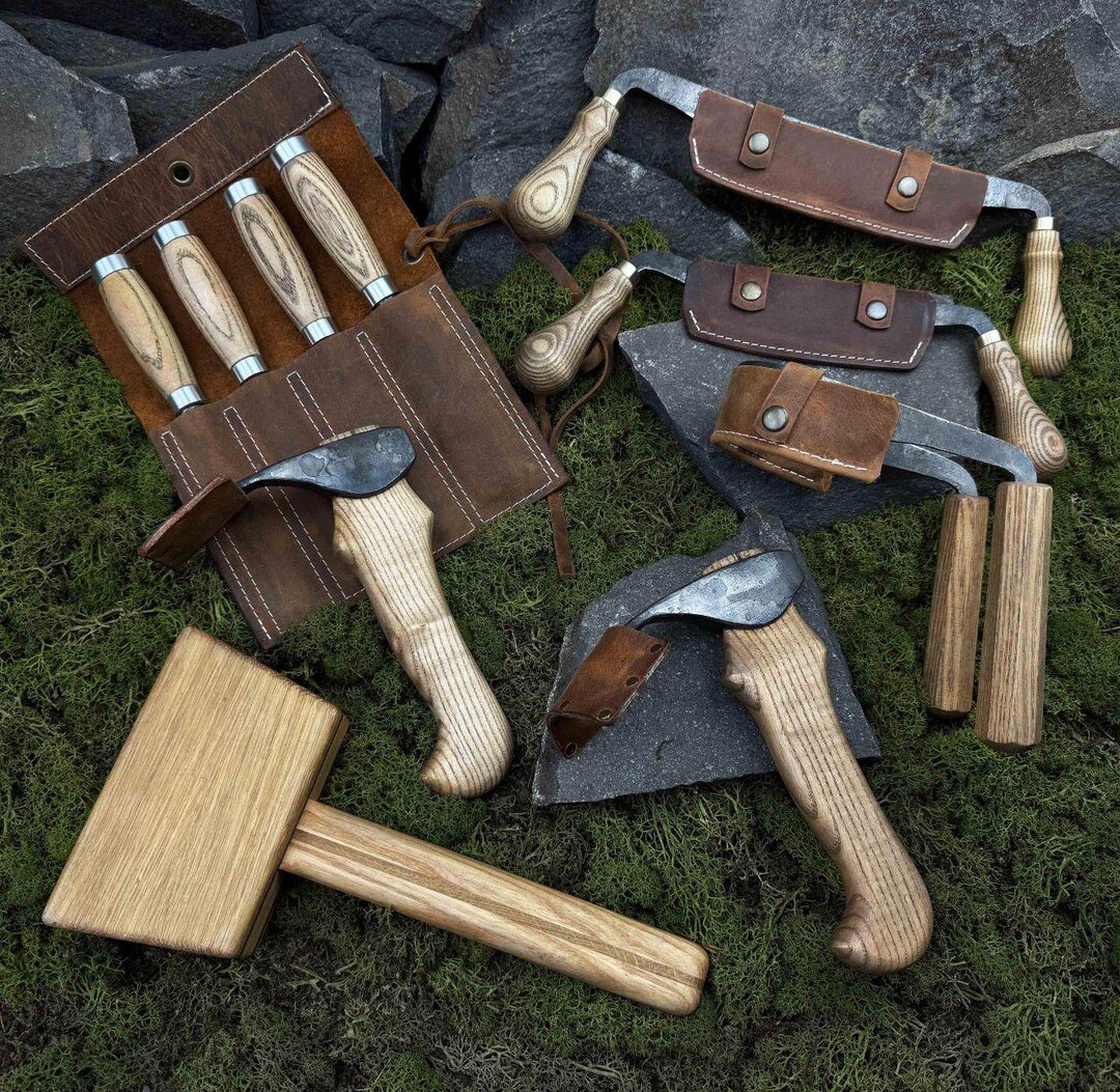 Woodwork Tools Set Set of 11 Hand Forged Woodworking Tools with Leather Cases – Bowl ...