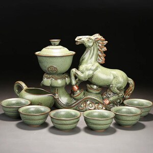 Handmade Ceramic Tea Set | Creative Stone Mill Automatic Tea Set | Embossed Horse Ceramic Tea Set | Kung Fu Tea Set | Mother's Day Gift