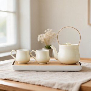 May include: A cream-coloured ceramic tea set consisting of a teapot with a curved handle and two matching mugs. The set is arranged on a rectangular white tray with a bamboo slatted insert, providing a clean and organised presentation for serving.