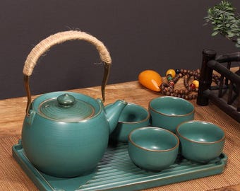 Juego de té Kung Fu de cerámica hecho a mano: tetera, tazas y bandeja