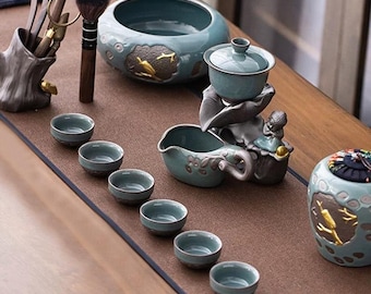 Retro ceramic tea sets | Creative gaiwan automatic tea sets | Ceramic rotary filter stone mill tea infuser | Tea party sets|Kung Fu tea sets