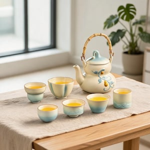 Celadon Keramisk Teservis, Handgjord Kinesisk Gongfu Teservis med Bambuhandtag Tekanna och Koppar, Traditionell Asiatisk Teservis Gåva