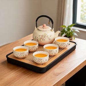 Peut inclure: Un service à thé en céramique comprenant une théière crème avec un couvercle dégradé rose et une anse tressée noire, accompagné de quatre tasses assorties remplies de thé orange, disposées sur un plateau en bambou à base noire.