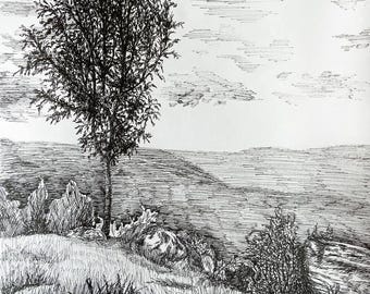 Dibujo de paisaje: delineador de tinta sobre papel, obra de arte natural en blanco y negro, tamaño A3