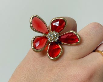 Vintage Red Statement Flower Ring, Bold Petal Design, Red & Gold Ring Adjustable